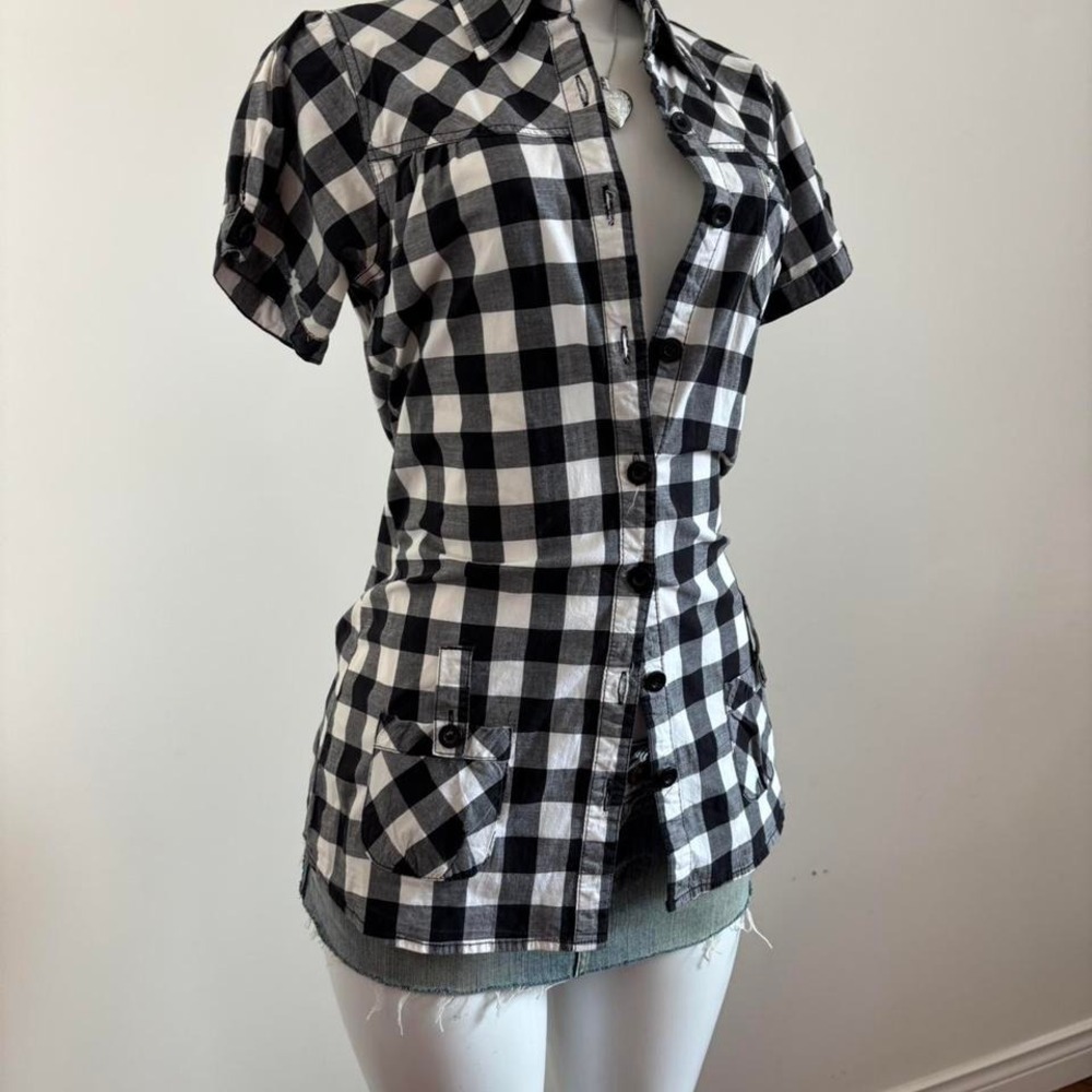 y2k black white gingham fitted blouse short sleeve size M - Picture 6 of 6